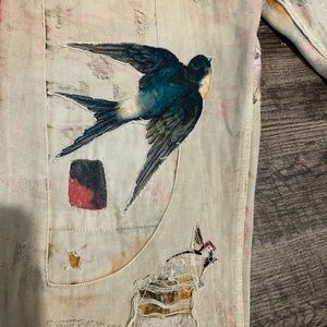 Magnolia Pearl Cotton TwillBobbie Trousers with Patchwork Songbirds in Arborist